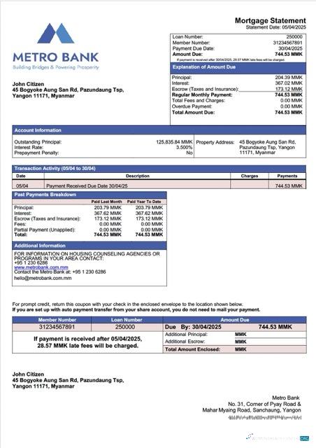Download Myanmar Metro Bank mortgage statement Word and PDF template Photoshop template